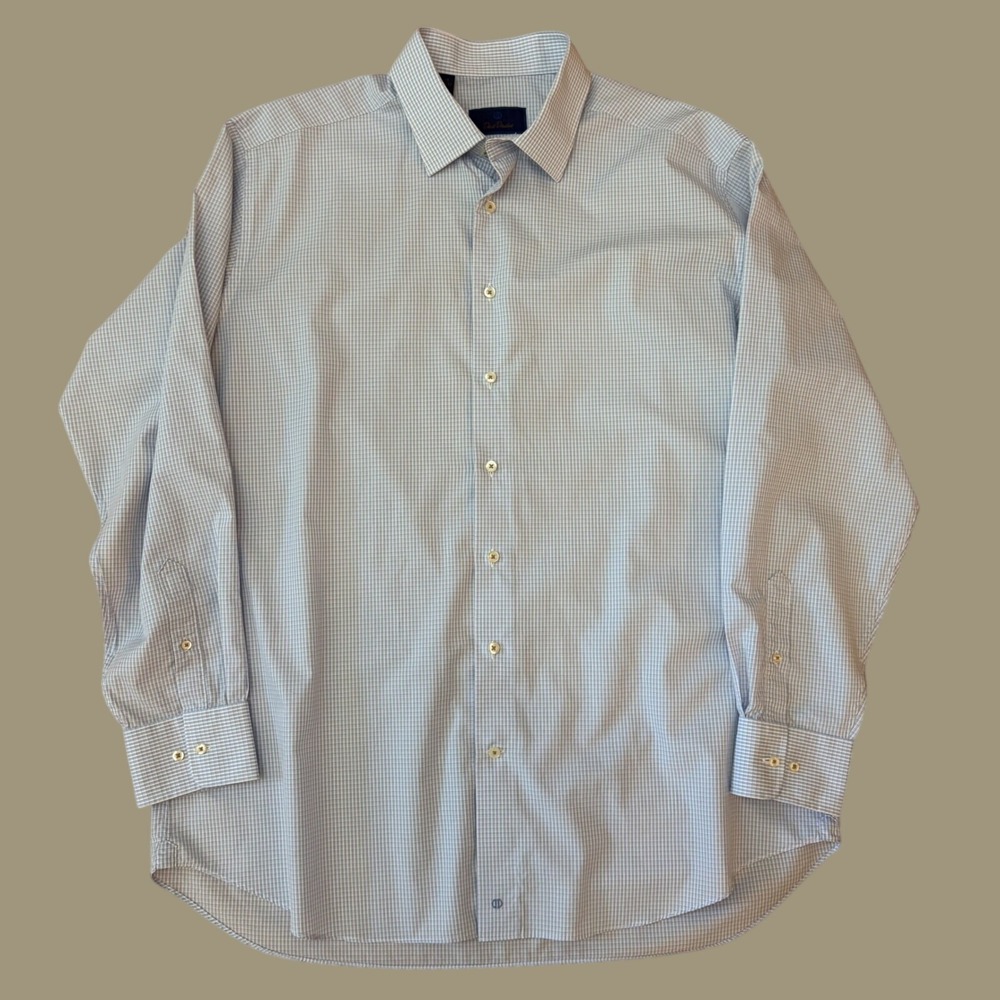 David Donahue Mens Blue White Micro Check Cotton Button Dress Shirt 18 36/37